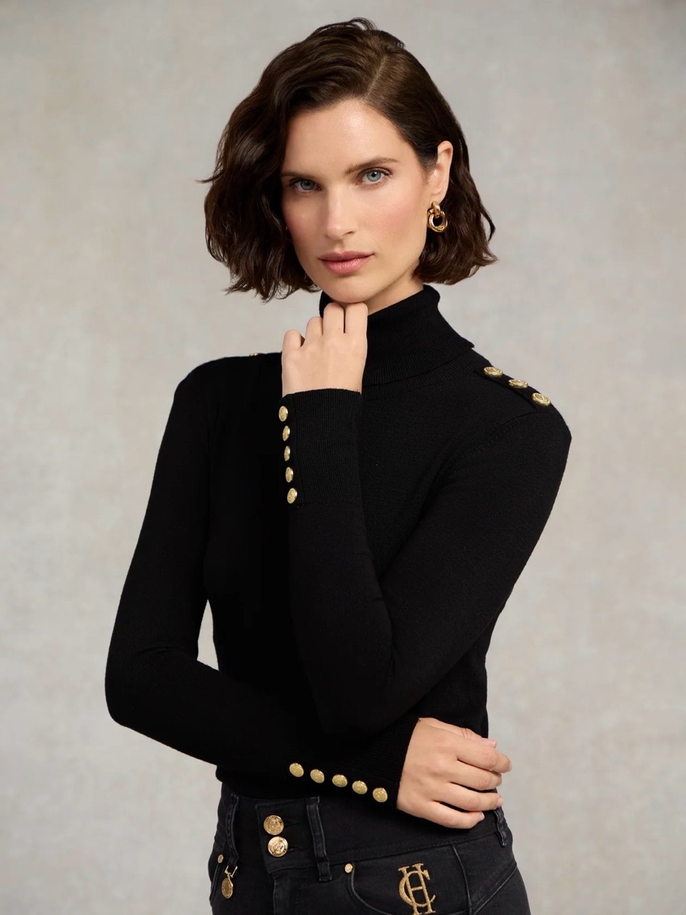 Holland Cooper Buttoned Knit Roll Neck Black Gold Sweater Size M